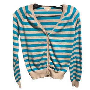 Ambiance Blue and Cream Striped Cardigan Sweater Thin Lightweight